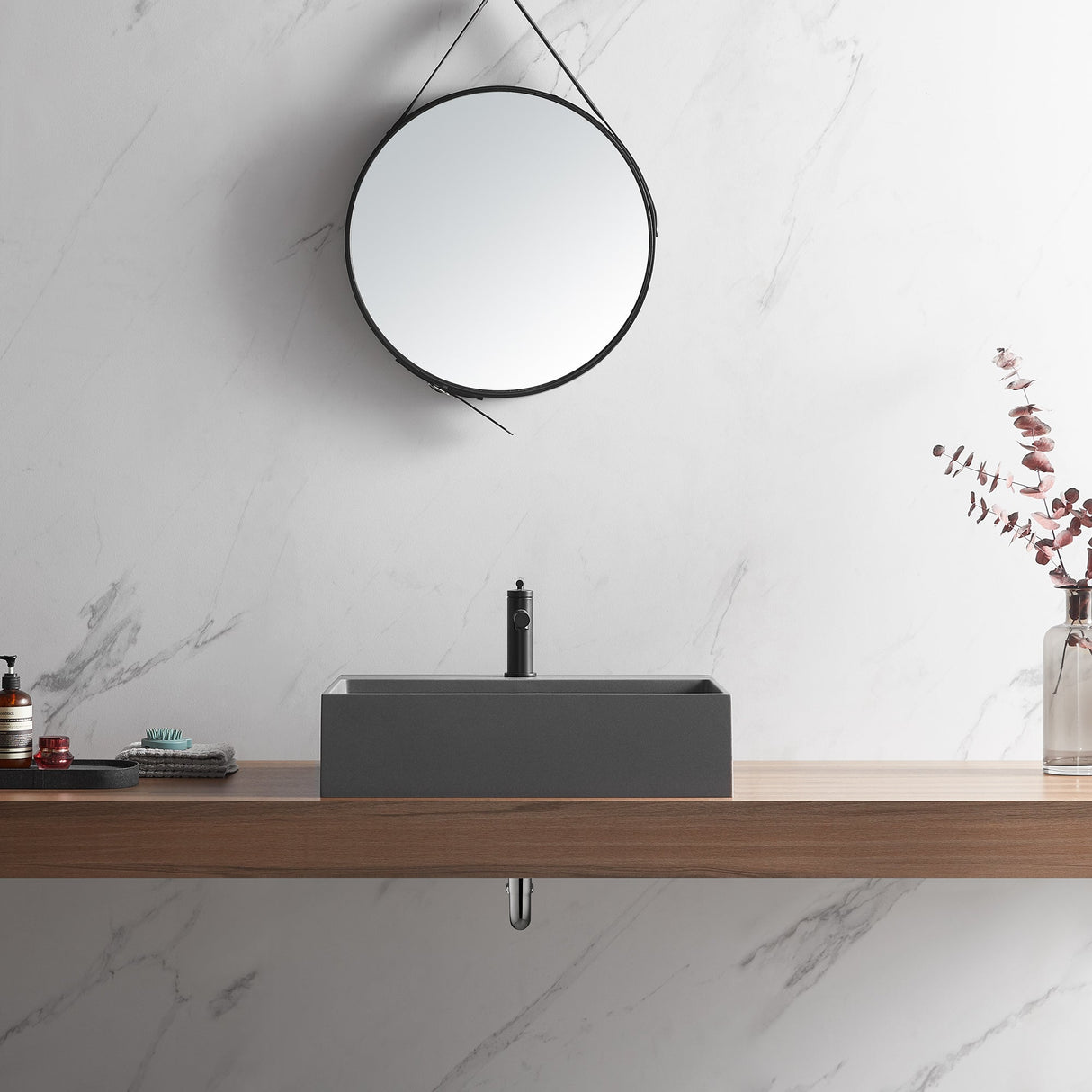 Bathroom sink, Wall - Mount or Countertop Install, 24" Composite Material in Matte Gray with Single Faucet Hole, SVWS601 - 26GR - Serene Valley