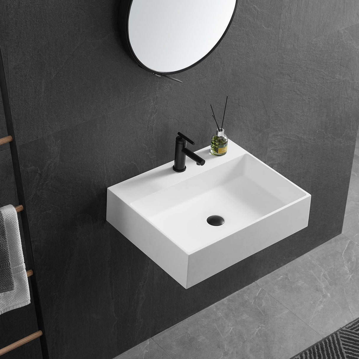 Bathroom sink, Wall - Mount or Countertop Install, 24" Solid Surface in Matte White with Single Faucet Hole, SVWS601 - 26WH - Serene Valley