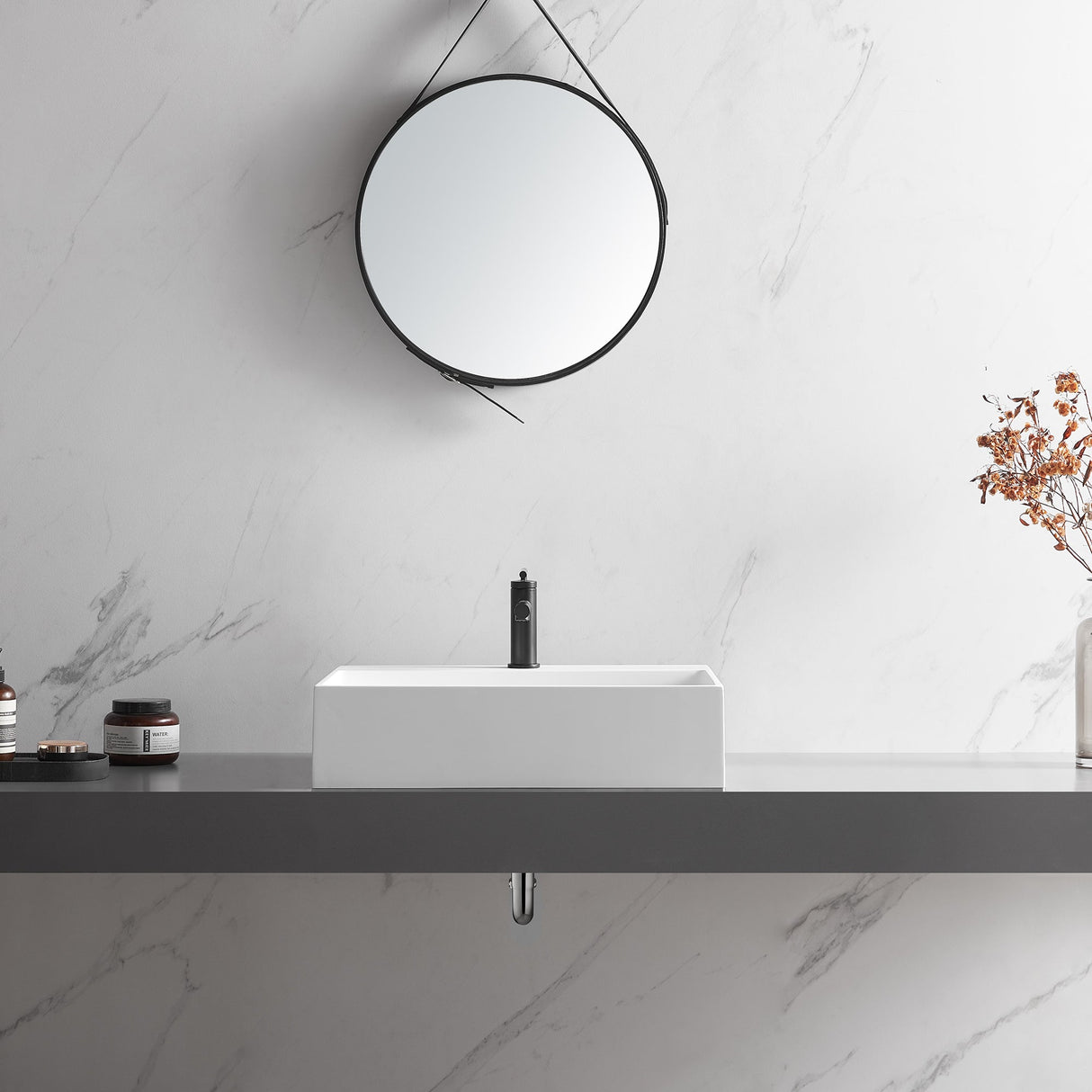 Bathroom sink, Wall - Mount or Countertop Install, 24" Solid Surface in Matte White with Single Faucet Hole, SVWS601 - 26WH - Serene Valley