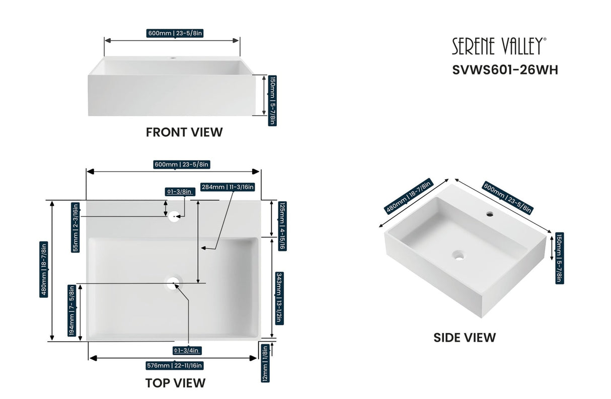 Bathroom sink, Wall - Mount or Countertop Install, 24" Solid Surface in Matte White with Single Faucet Hole, SVWS601 - 26WH - Serene Valley