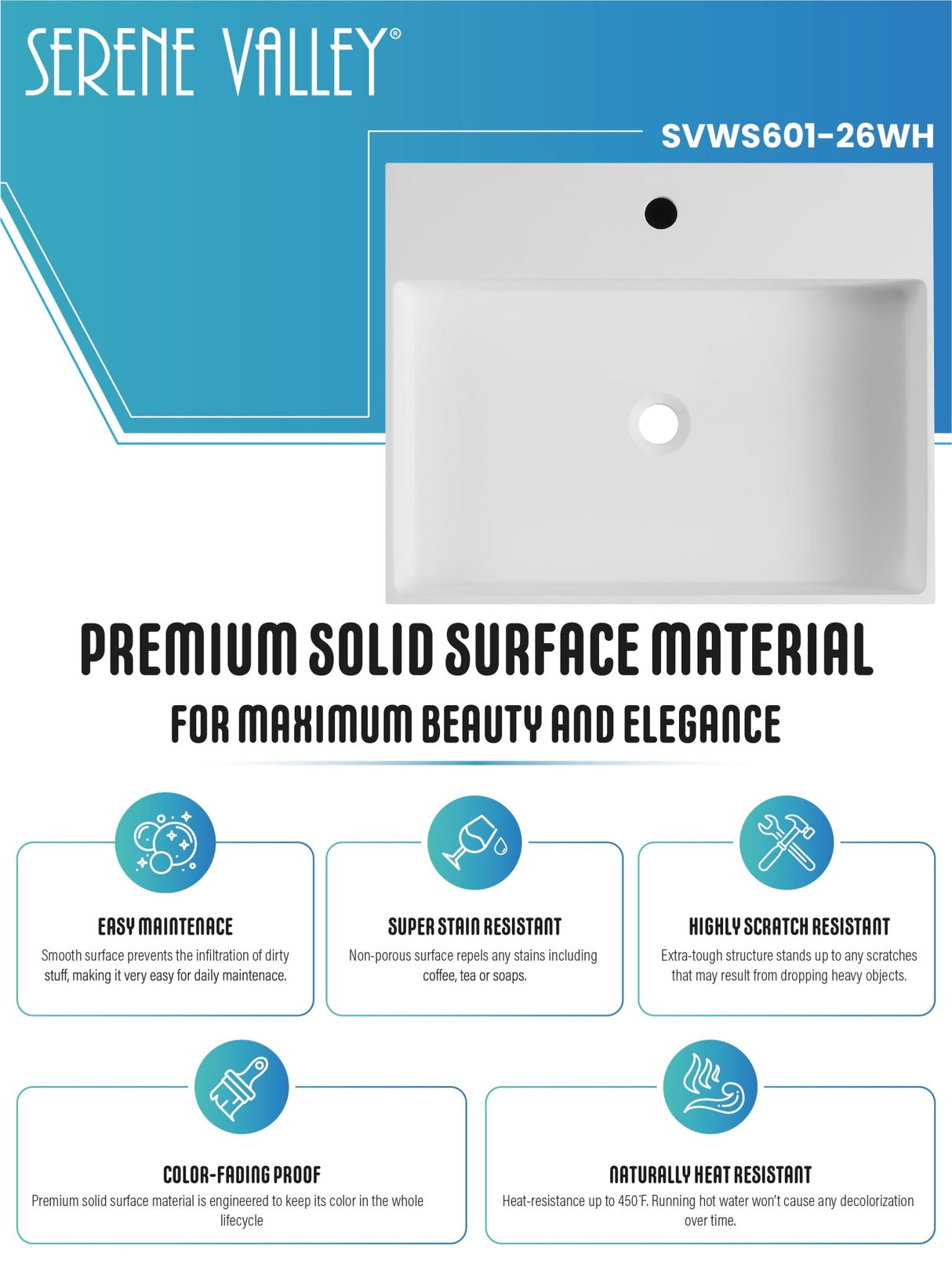 Bathroom sink, Wall - Mount or Countertop Install, 24" Solid Surface in Matte White with Single Faucet Hole, SVWS601 - 26WH - Serene Valley