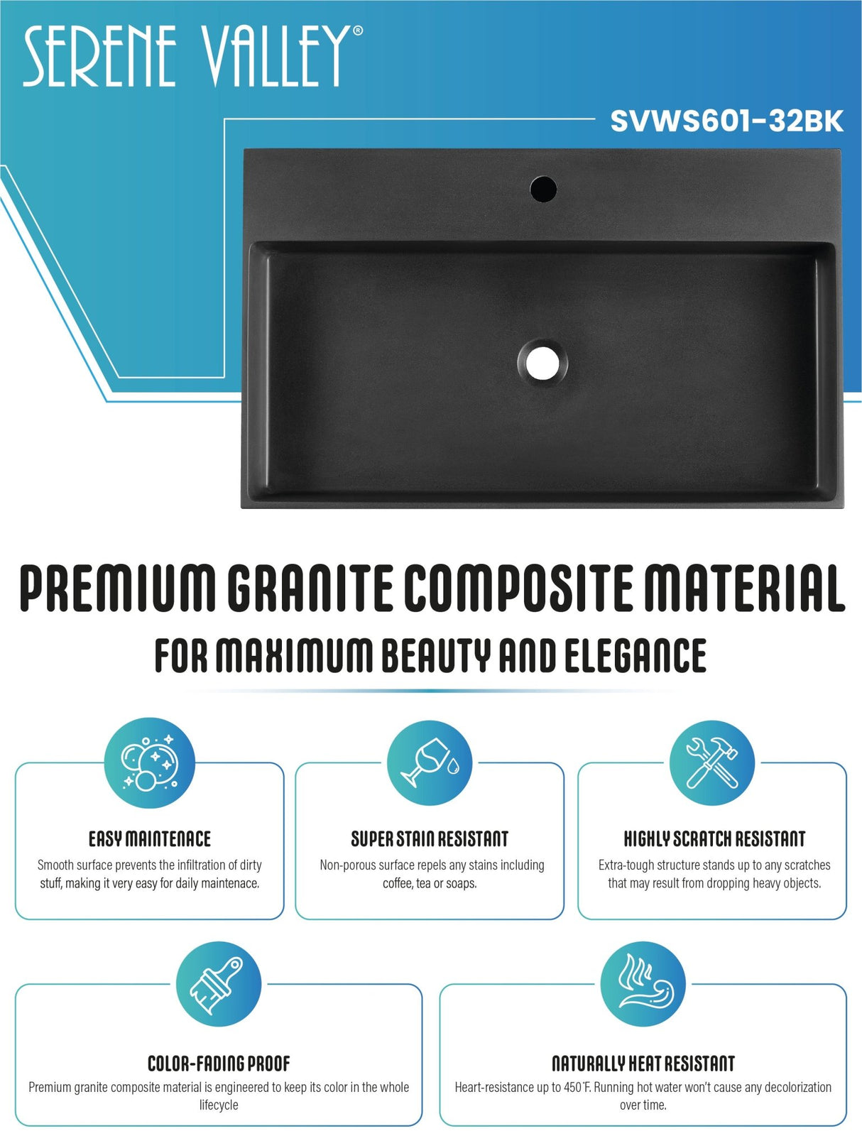 Bathroom sink, Wall - Mount or Countertop Install, 32" Composite Material in Matte Black with Single Faucet Hole, SVWS601 - 32BK - Serene Valley