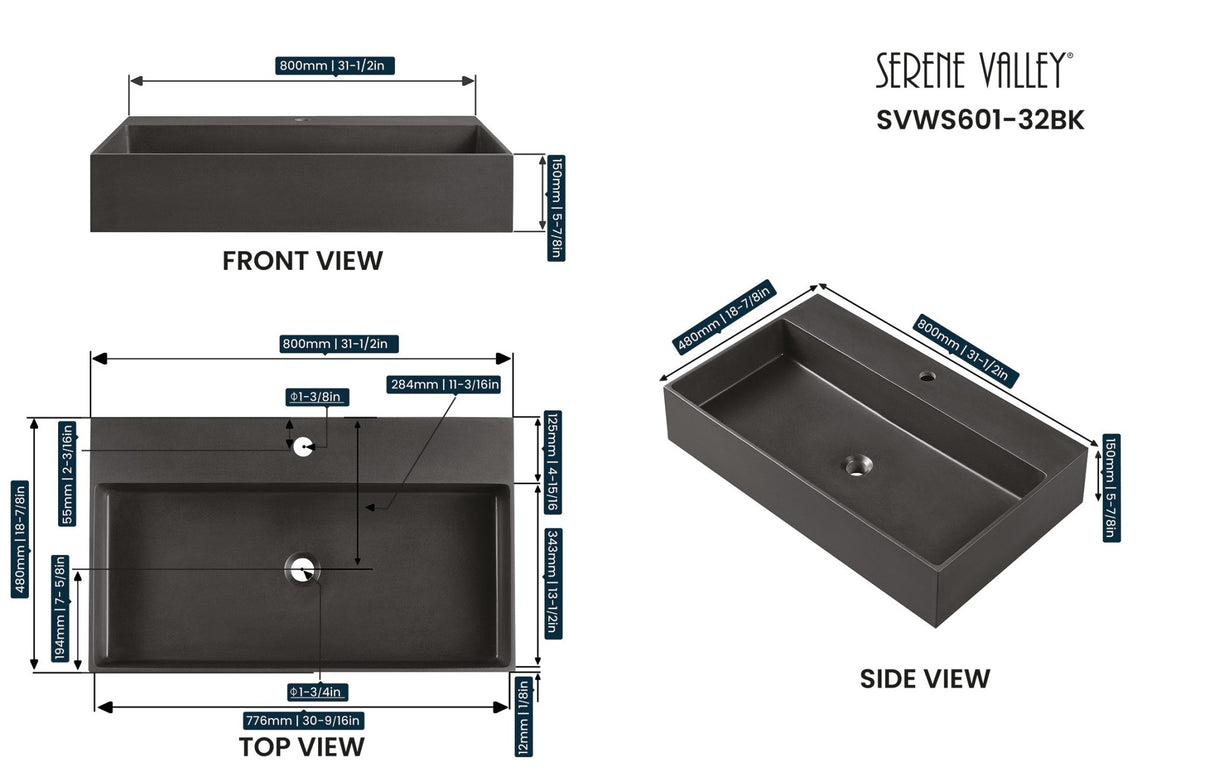Bathroom sink, Wall - Mount or Countertop Install, 32" Composite Material in Matte Black with Single Faucet Hole, SVWS601 - 32BK - Serene Valley