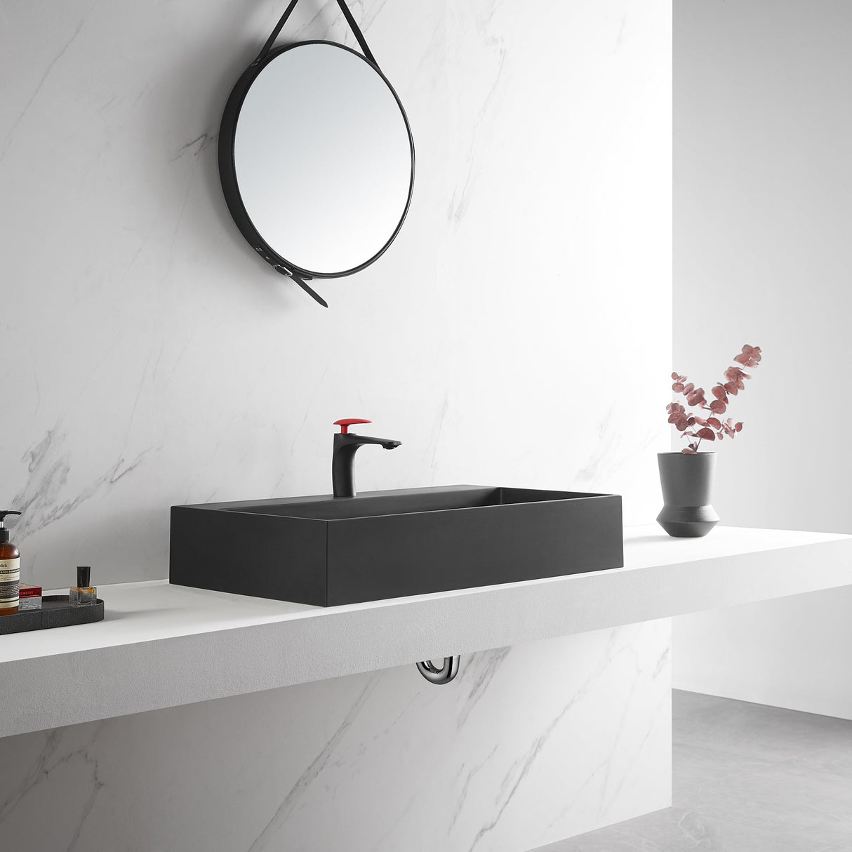 Bathroom sink, Wall - Mount or Countertop Install, 32" Composite Material in Matte Black with Single Faucet Hole, SVWS601 - 32BK - Serene Valley