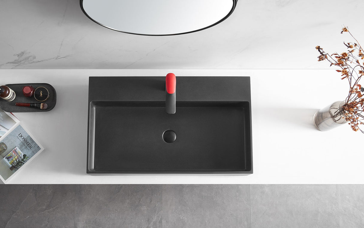 Bathroom sink, Wall - Mount or Countertop Install, 32" Composite Material in Matte Black with Single Faucet Hole, SVWS601 - 32BK - Serene Valley