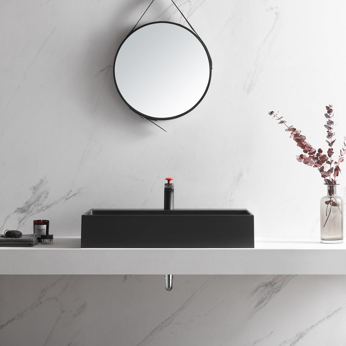 Bathroom sink, Wall - Mount or Countertop Install, 32" Composite Material in Matte Black with Single Faucet Hole, SVWS601 - 32BK - Serene Valley