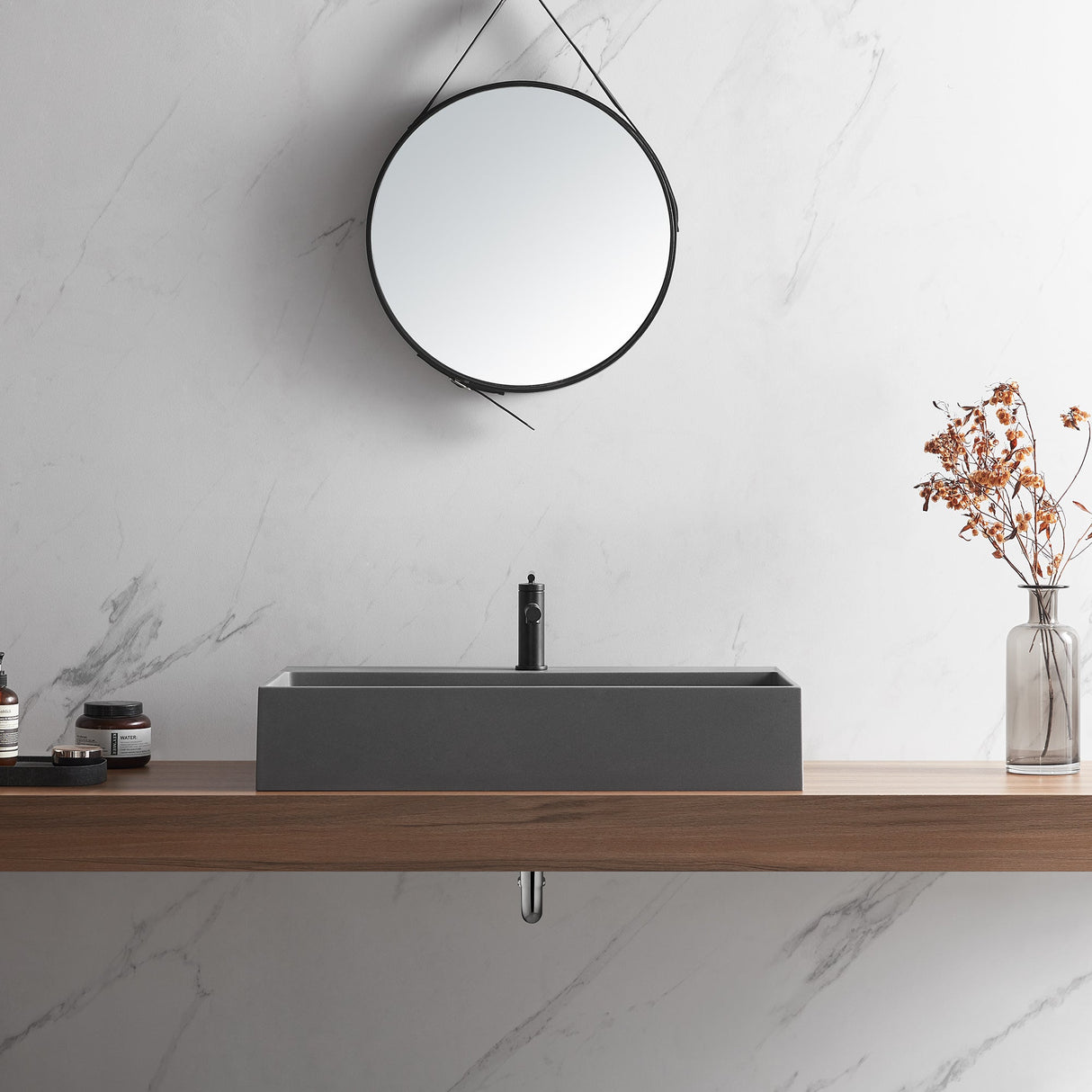 Bathroom sink, Wall - Mount or Countertop Install, 32" Composite Material in Matte Gray with Single Faucet Hole, SVWS601 - 32GR - Serene Valley