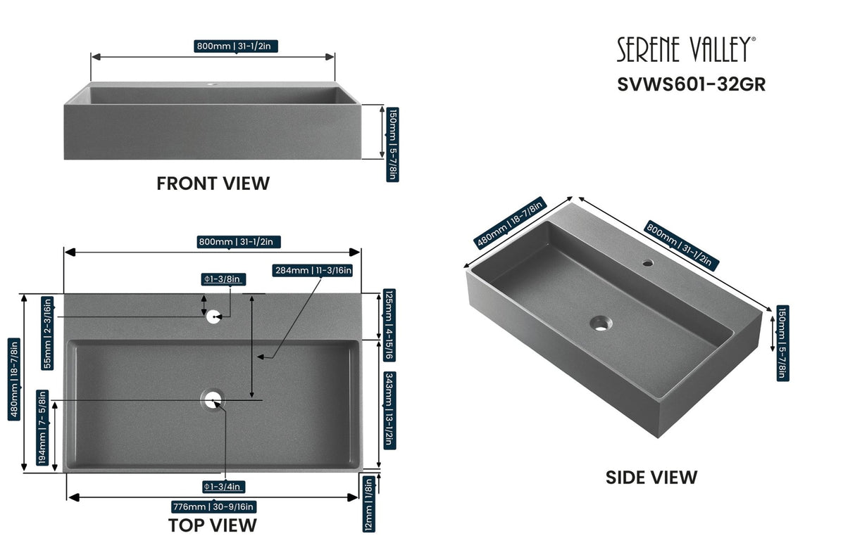 Bathroom sink, Wall - Mount or Countertop Install, 32" Composite Material in Matte Gray with Single Faucet Hole, SVWS601 - 32GR - Serene Valley