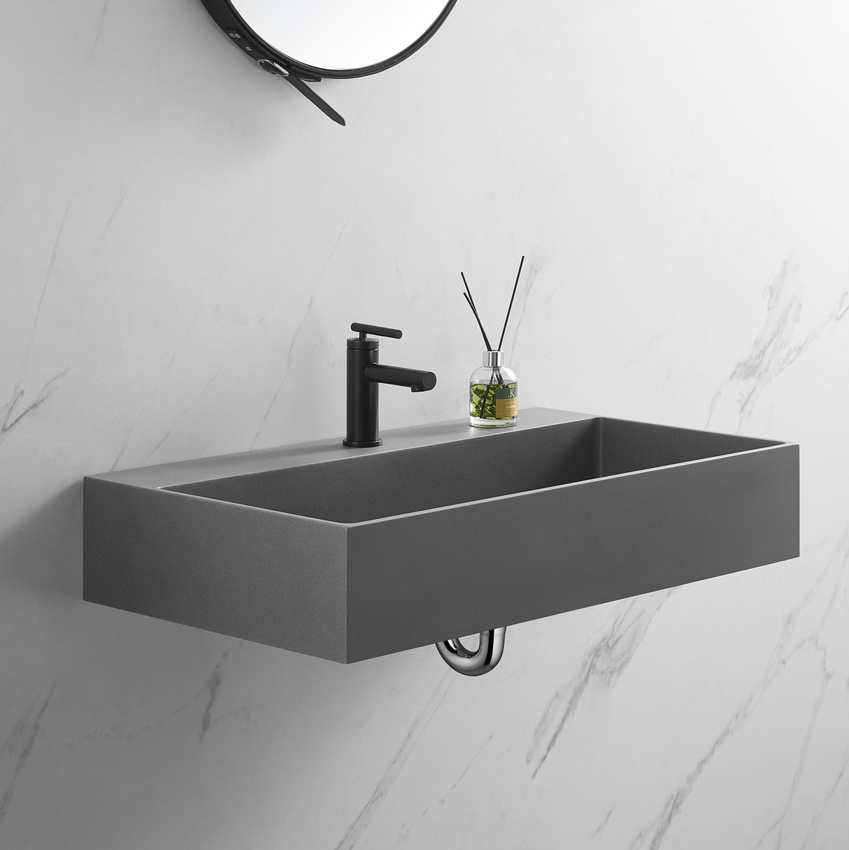 Bathroom sink, Wall - Mount or Countertop Install, 32" Composite Material in Matte Gray with Single Faucet Hole, SVWS601 - 32GR - Serene Valley