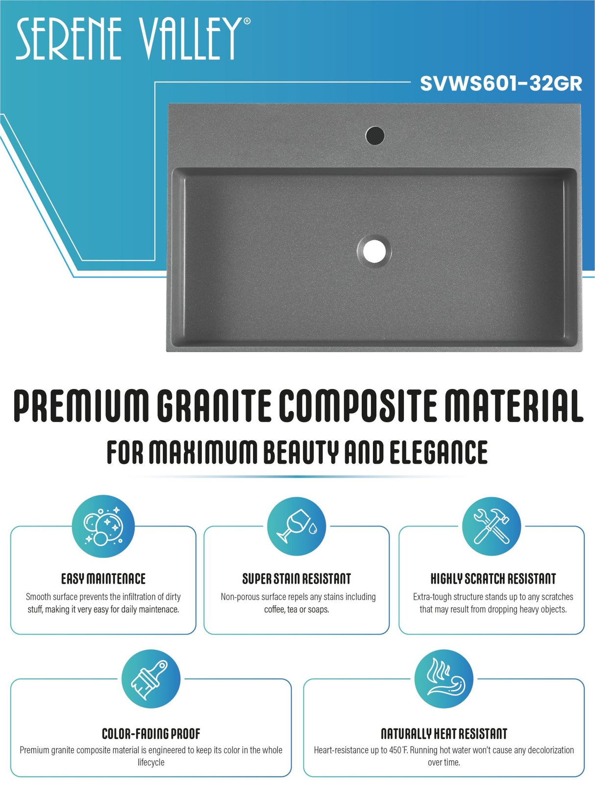 Bathroom sink, Wall - Mount or Countertop Install, 32" Composite Material in Matte Gray with Single Faucet Hole, SVWS601 - 32GR - Serene Valley