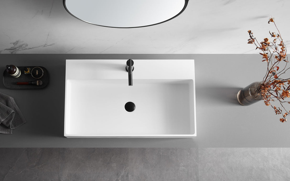 Bathroom sink, Wall - Mount or Countertop Install, 32" Solid Surface in Matte White with Single Faucet Hole, SVWS601 - 32WH - Serene Valley