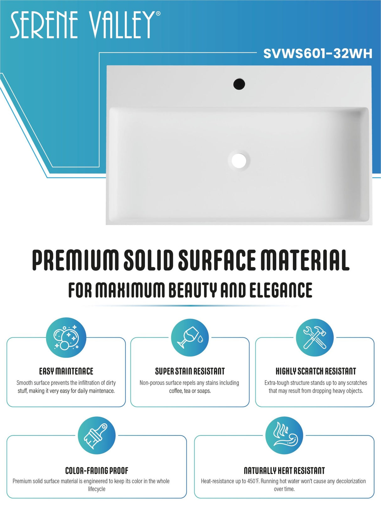 Bathroom sink, Wall - Mount or Countertop Install, 32" Solid Surface in Matte White with Single Faucet Hole, SVWS601 - 32WH - Serene Valley