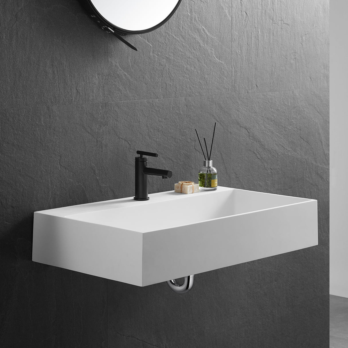 Bathroom sink, Wall - Mount or Countertop Install, 32" Solid Surface in Matte White with Single Faucet Hole, SVWS601 - 32WH - Serene Valley