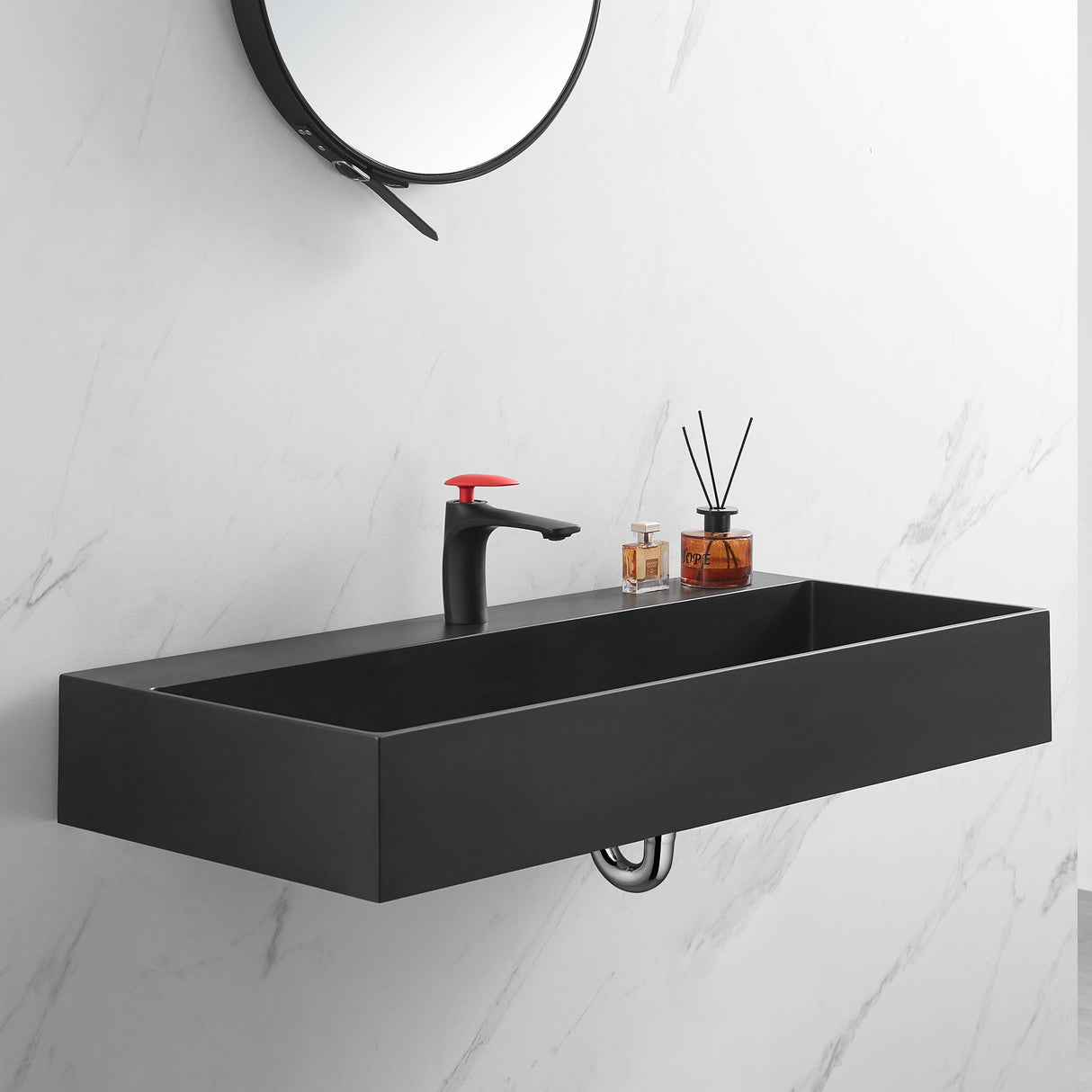 Bathroom sink, Wall - Mount or Countertop Install, 40" Composite Material in Matte Black with Single Faucet Hole, SVWS601 - 40BK - Serene Valley
