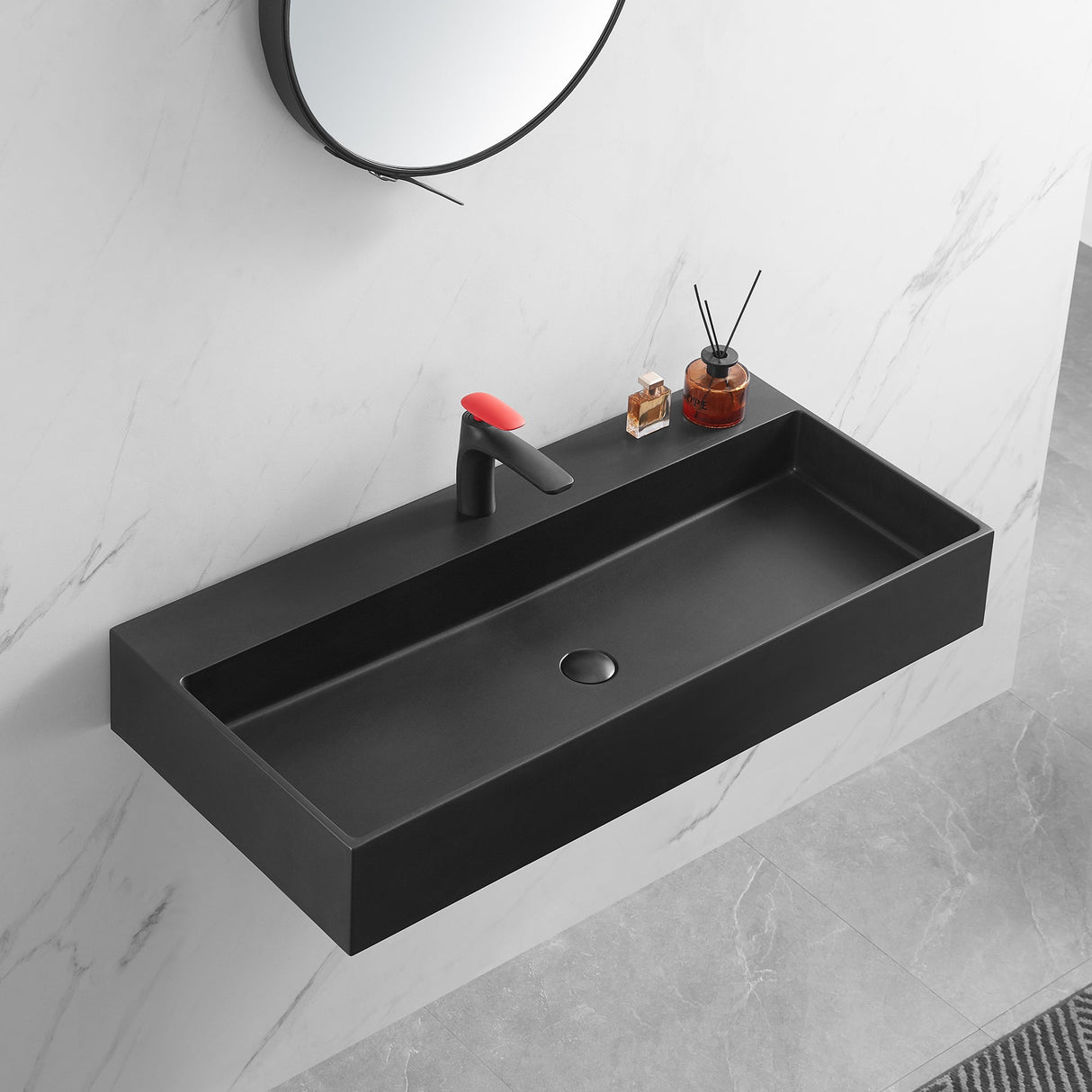 Bathroom sink, Wall - Mount or Countertop Install, 40" Composite Material in Matte Black with Single Faucet Hole, SVWS601 - 40BK - Serene Valley