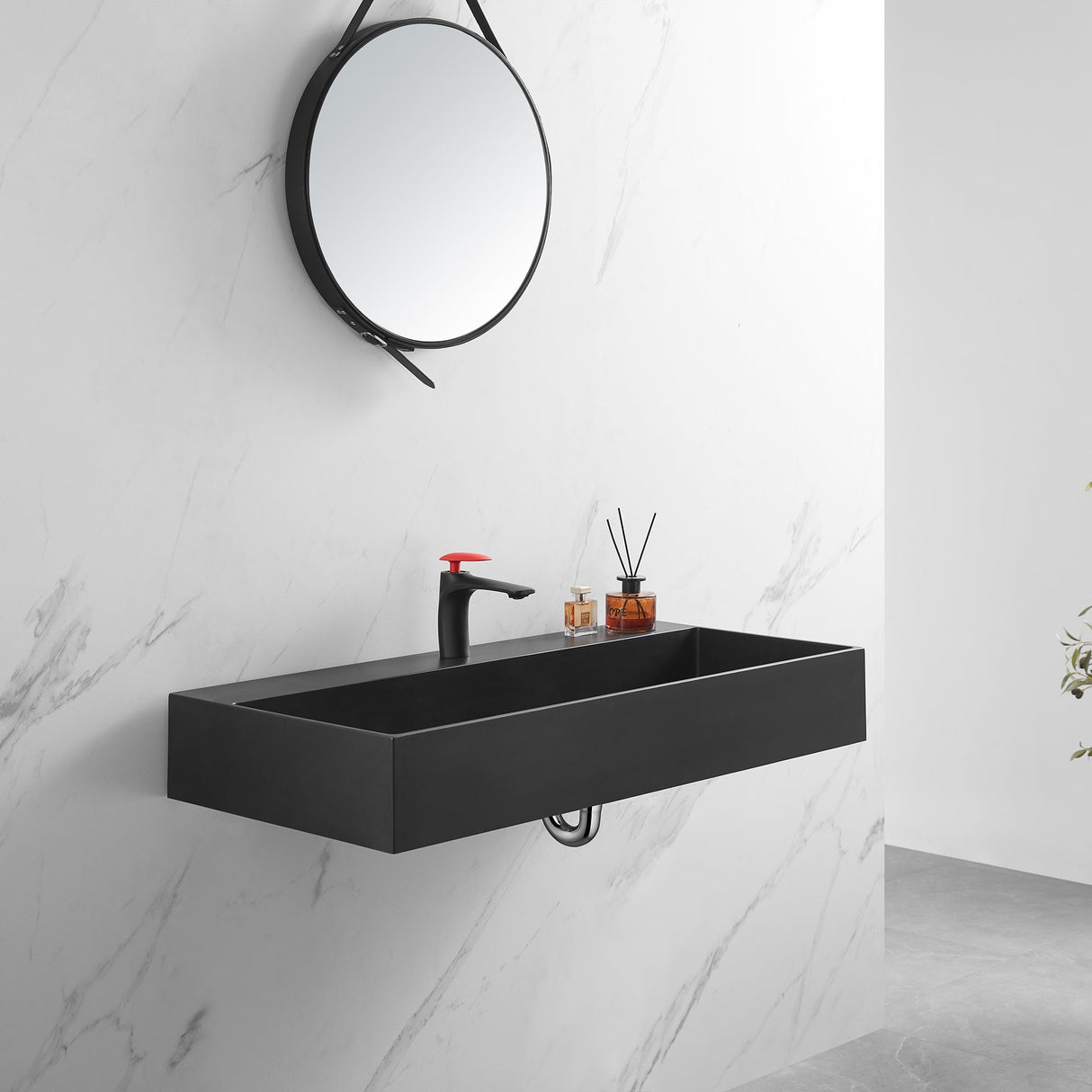 Bathroom sink, Wall - Mount or Countertop Install, 40" Composite Material in Matte Black with Single Faucet Hole, SVWS601 - 40BK - Serene Valley