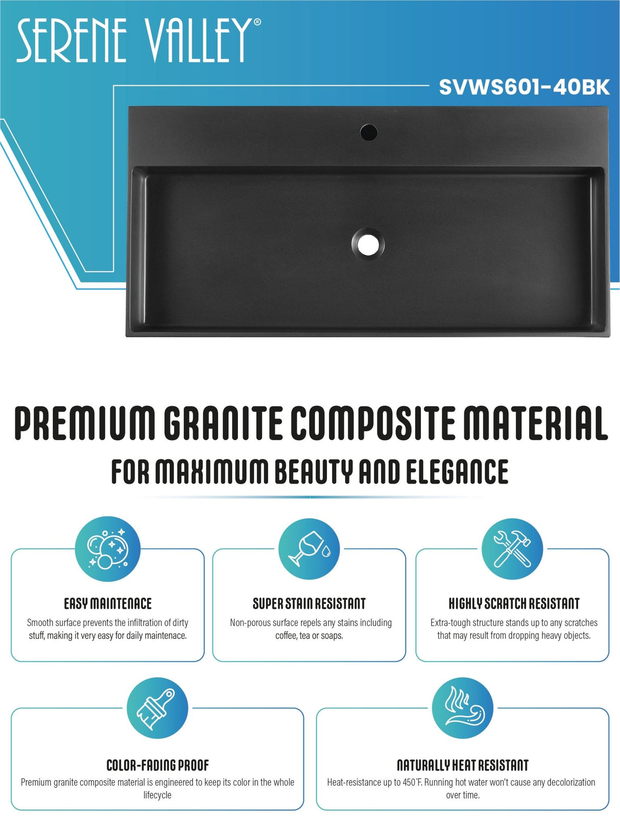 Bathroom sink, Wall - Mount or Countertop Install, 40" Composite Material in Matte Black with Single Faucet Hole, SVWS601 - 40BK - Serene Valley