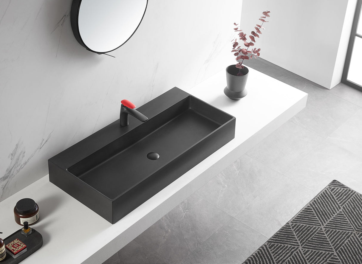 Bathroom sink, Wall - Mount or Countertop Install, 40" Composite Material in Matte Black with Single Faucet Hole, SVWS601 - 40BK - Serene Valley