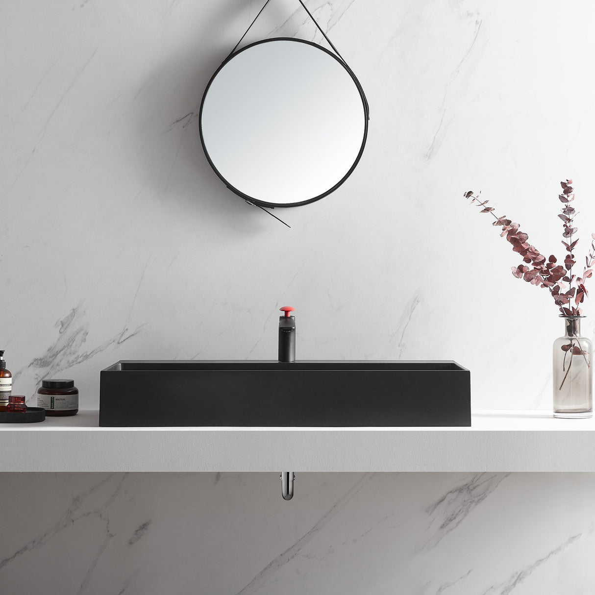 Bathroom sink, Wall - Mount or Countertop Install, 40" Composite Material in Matte Black with Single Faucet Hole, SVWS601 - 40BK - Serene Valley