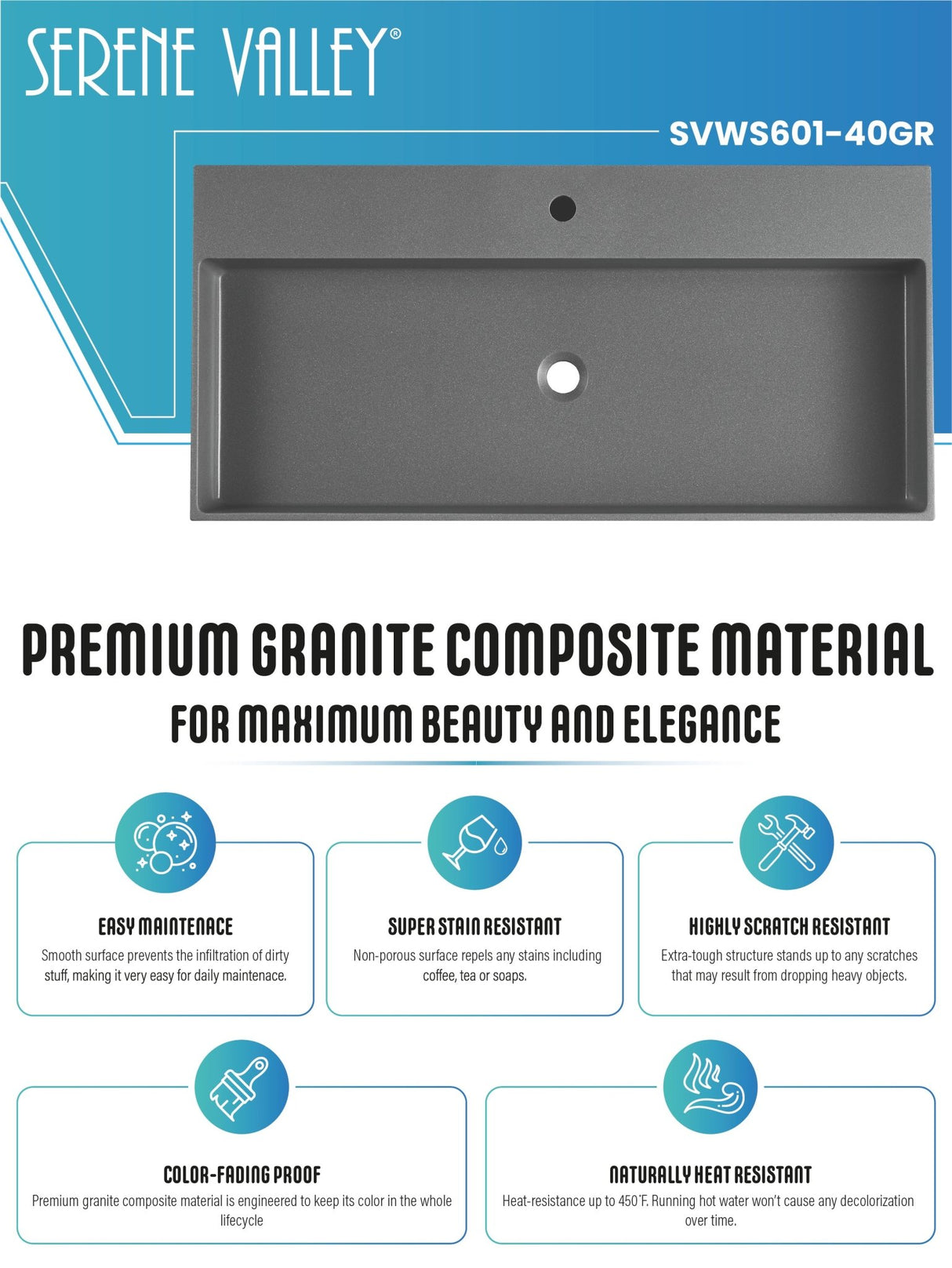 Bathroom sink, Wall - Mount or Countertop Install, 40" Composite Material in Matte Gray with Single Faucet Hole, SVWS601 - 40GR - Serene Valley