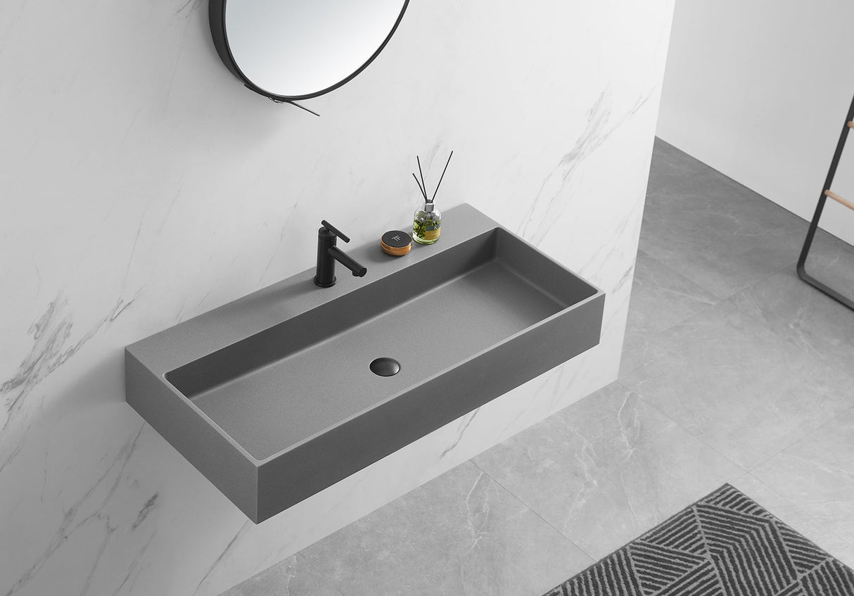 Bathroom sink, Wall - Mount or Countertop Install, 40" Composite Material in Matte Gray with Single Faucet Hole, SVWS601 - 40GR - Serene Valley