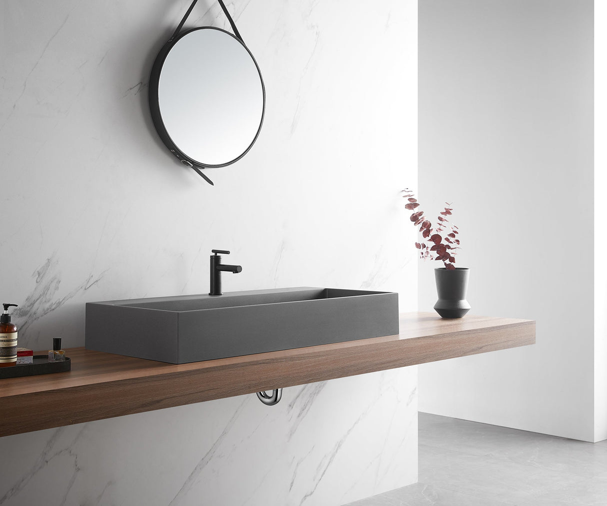 Bathroom sink, Wall - Mount or Countertop Install, 40" Composite Material in Matte Gray with Single Faucet Hole, SVWS601 - 40GR - Serene Valley