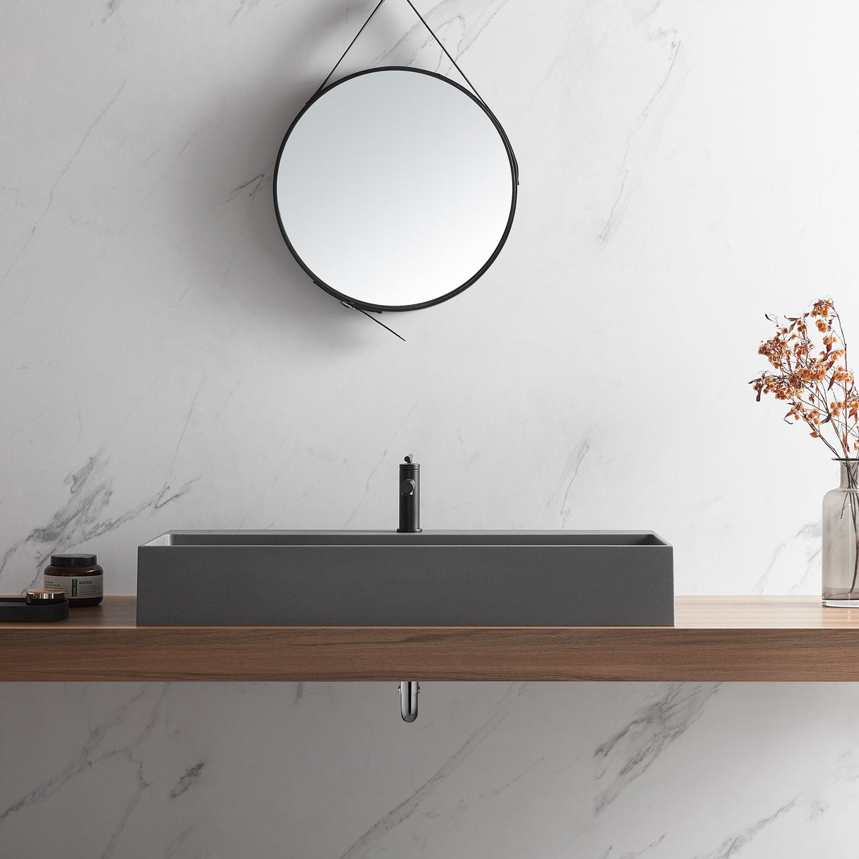 Bathroom sink, Wall - Mount or Countertop Install, 40" Composite Material in Matte Gray with Single Faucet Hole, SVWS601 - 40GR - Serene Valley