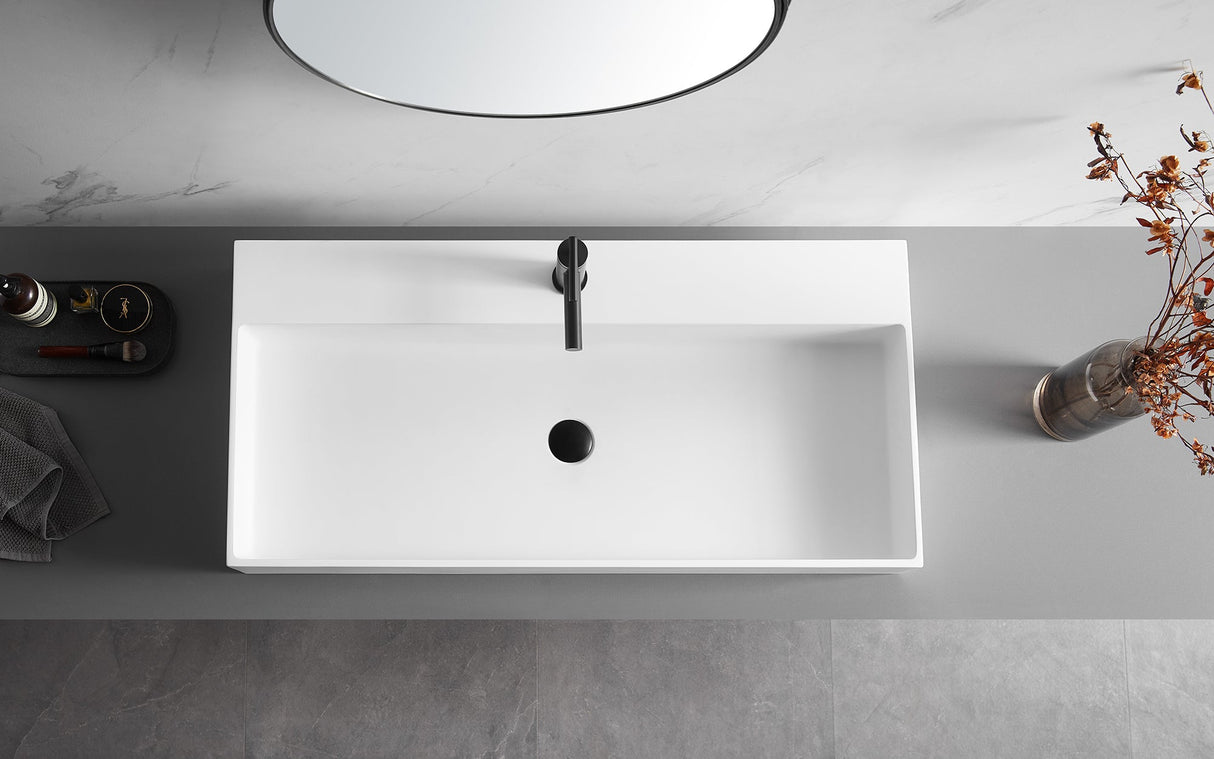 Bathroom sink, Wall - Mount or Countertop Install, 40" Solid Surface in Matte White with Single Faucet Hole, SVWS601 - 40WH - Serene Valley