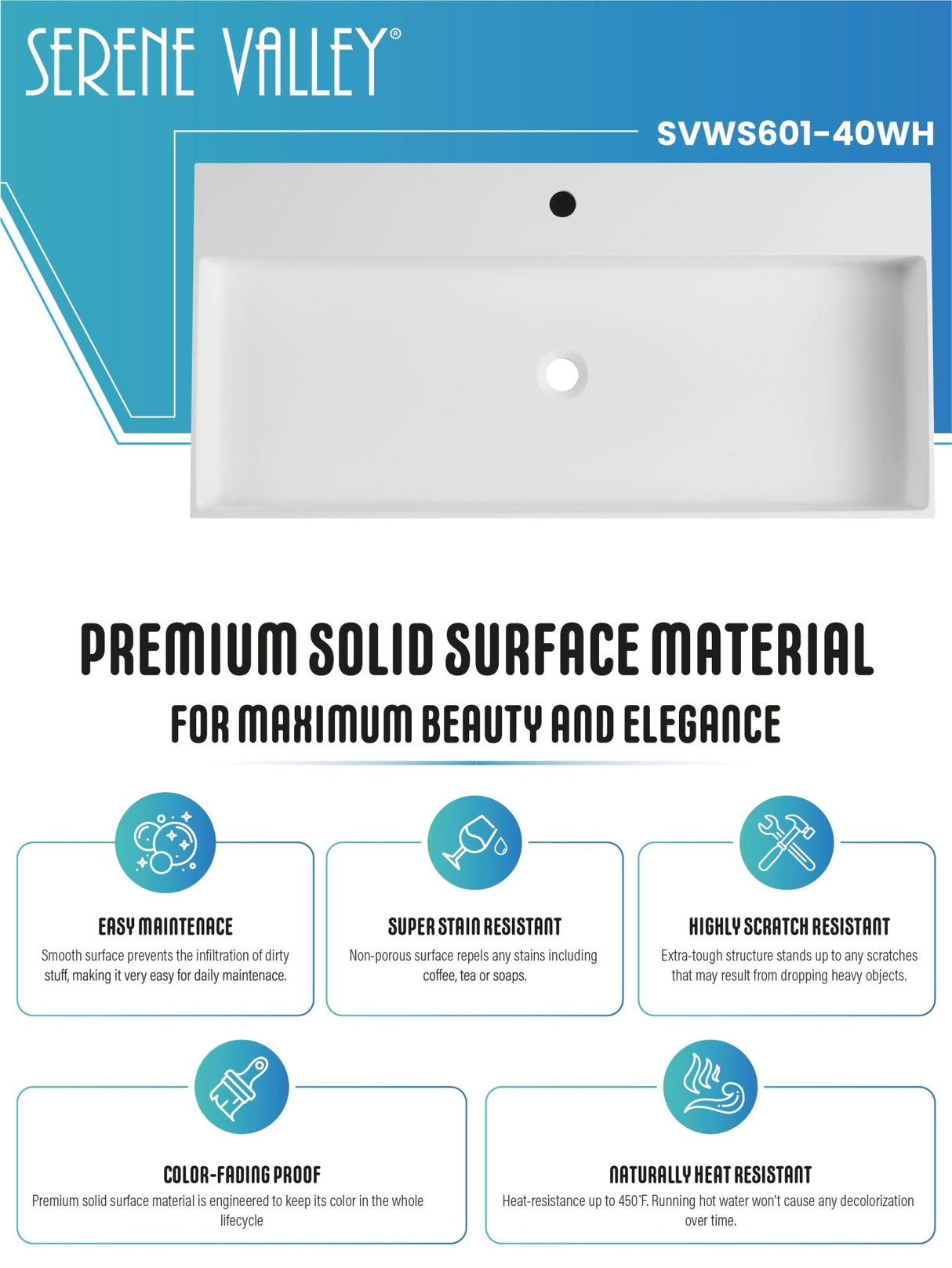 Bathroom sink, Wall - Mount or Countertop Install, 40" Solid Surface in Matte White with Single Faucet Hole, SVWS601 - 40WH - Serene Valley