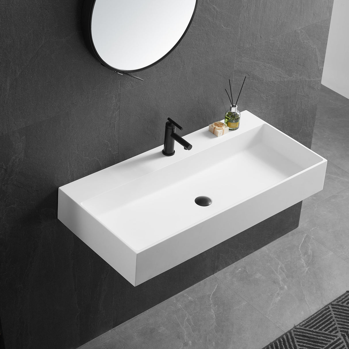Bathroom sink, Wall - Mount or Countertop Install, 40" Solid Surface in Matte White with Single Faucet Hole, SVWS601 - 40WH - Serene Valley