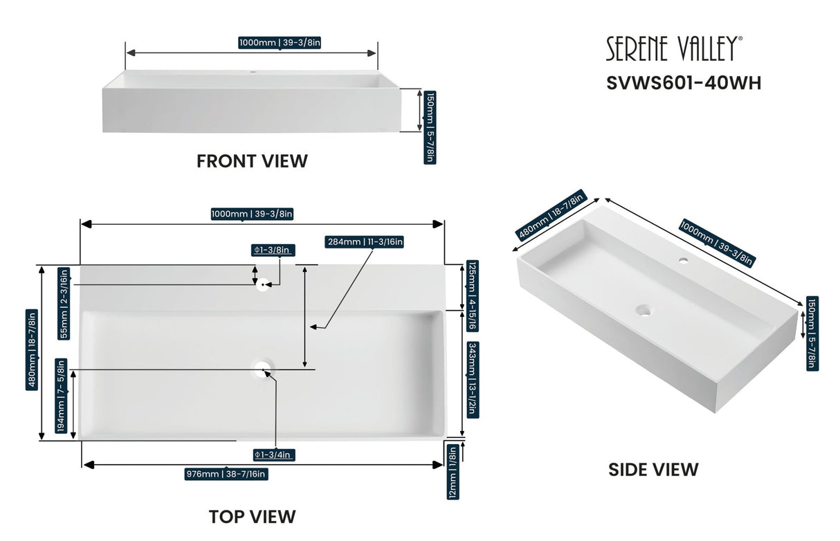 Bathroom sink, Wall - Mount or Countertop Install, 40" Solid Surface in Matte White with Single Faucet Hole, SVWS601 - 40WH - Serene Valley