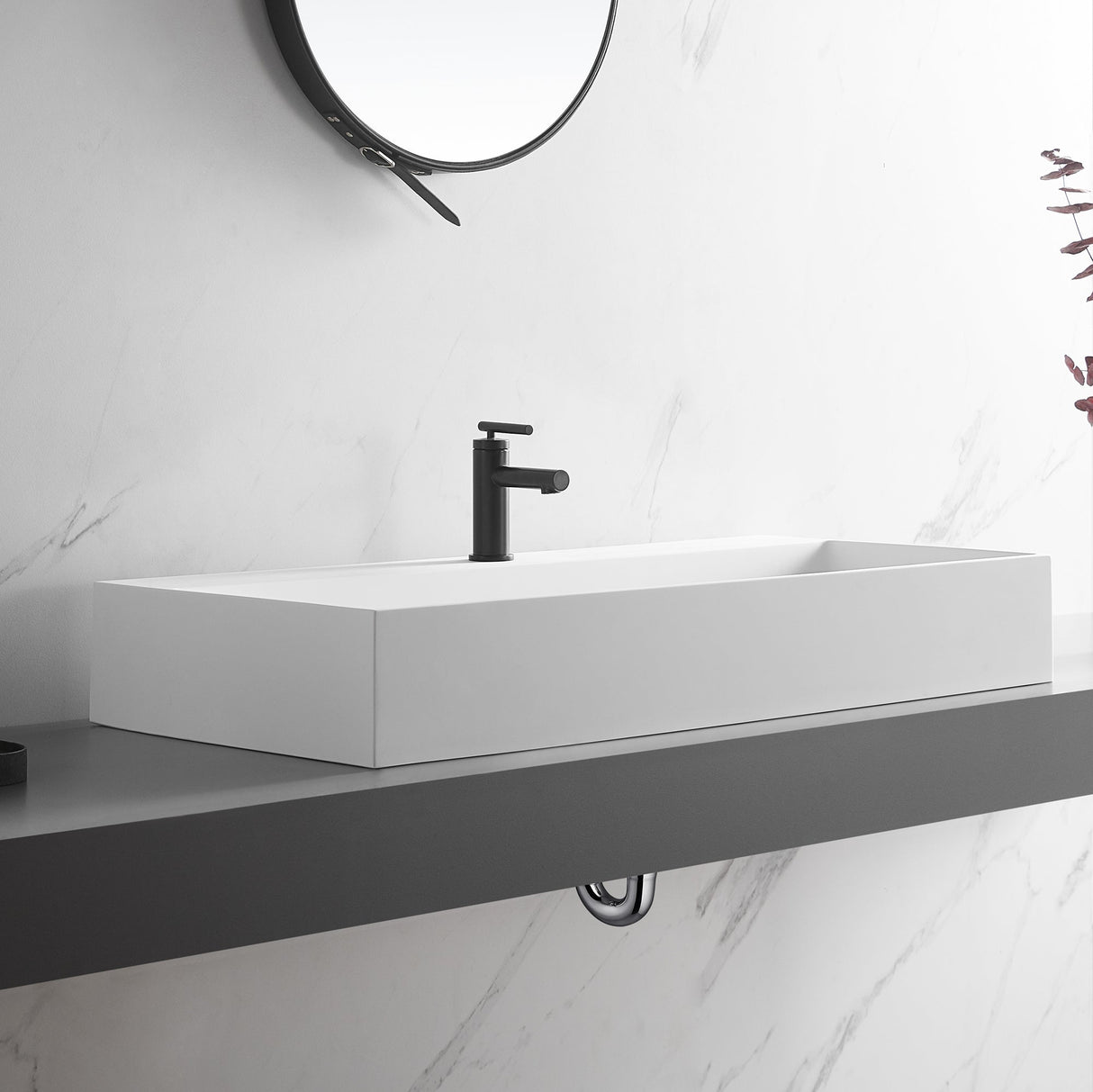 Bathroom sink, Wall - Mount or Countertop Install, 40" Solid Surface in Matte White with Single Faucet Hole, SVWS601 - 40WH - Serene Valley