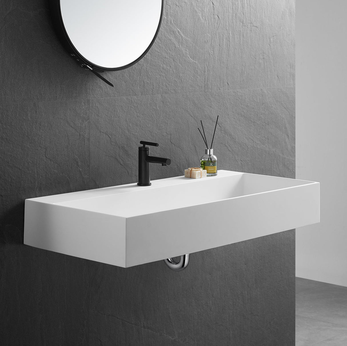 Bathroom sink, Wall - Mount or Countertop Install, 40" Solid Surface in Matte White with Single Faucet Hole, SVWS601 - 40WH - Serene Valley