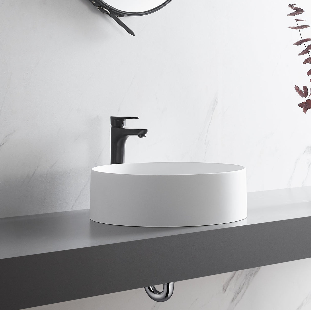 Countertop Bathroom Sink, Solid Surface Material, 18" Round Size in Classic Matte White, SVTS701 - 18WH - Serene Valley