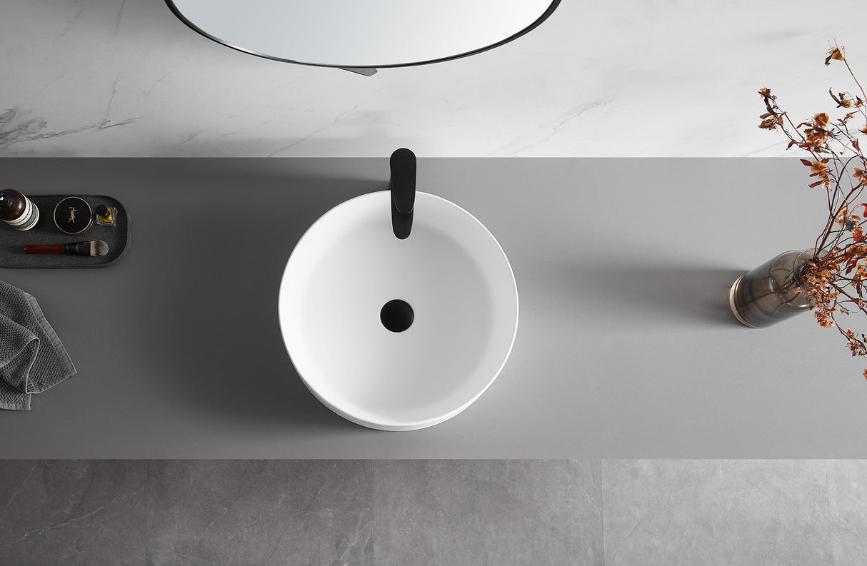Countertop Bathroom Sink, Solid Surface Material, 18" Round Size in Classic Matte White, SVTS701 - 18WH - Serene Valley