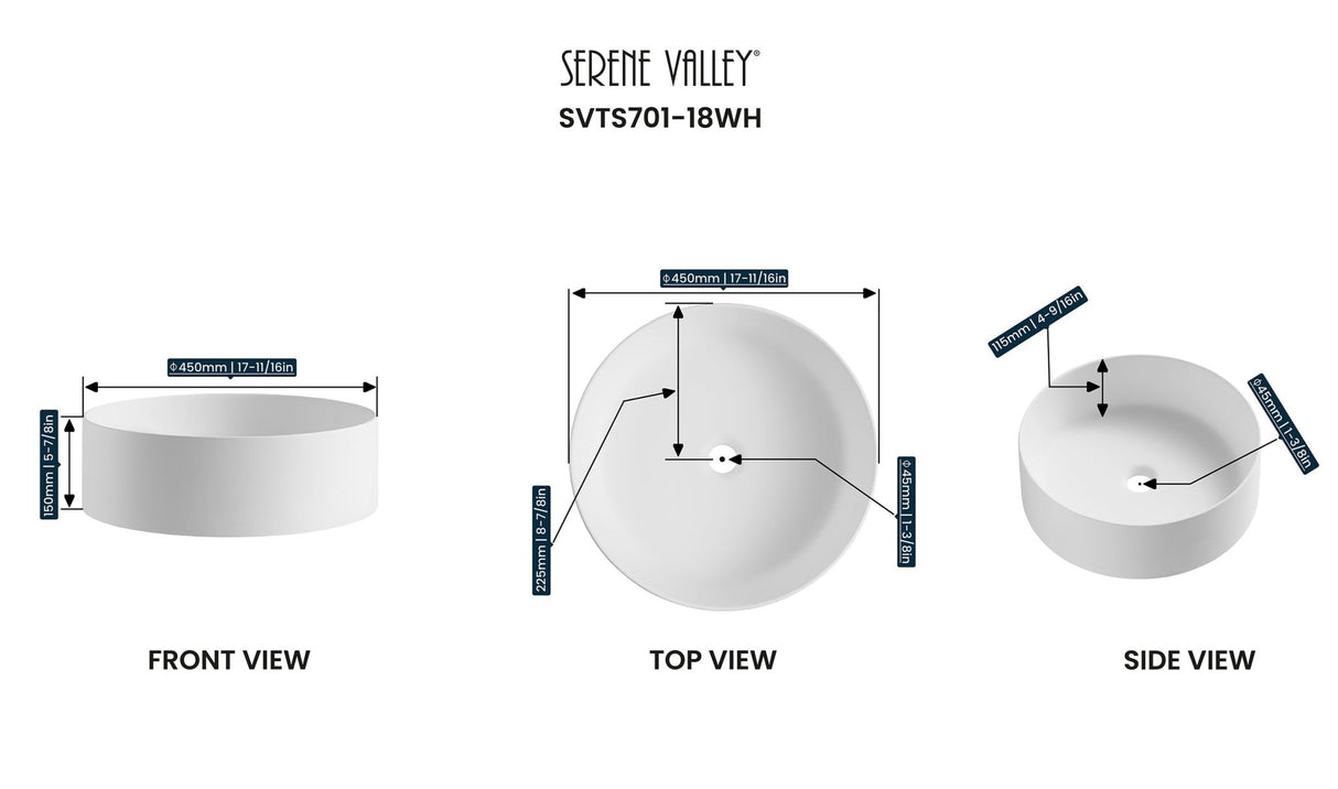 Countertop Bathroom Sink, Solid Surface Material, 18" Round Size in Classic Matte White, SVTS701 - 18WH - Serene Valley
