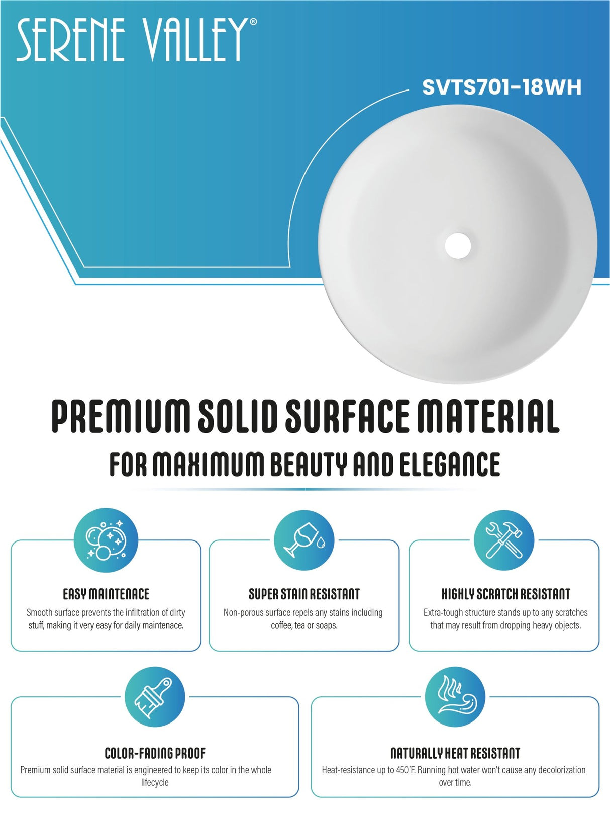 Countertop Bathroom Sink, Solid Surface Material, 18" Round Size in Classic Matte White, SVTS701 - 18WH - Serene Valley