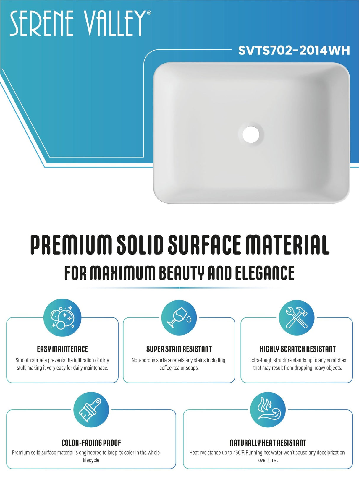 Countertop Bathroom Sink, Solid Surface Material, 20X14" with Single Faucet Hole in Matte White, SVTS702 - 2014WH - Serene Valley