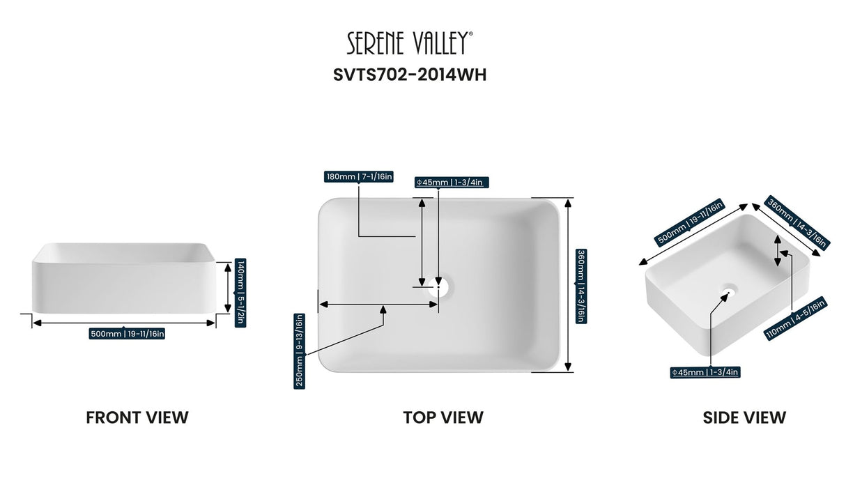 Countertop Bathroom Sink, Solid Surface Material, 20X14" with Single Faucet Hole in Matte White, SVTS702 - 2014WH - Serene Valley
