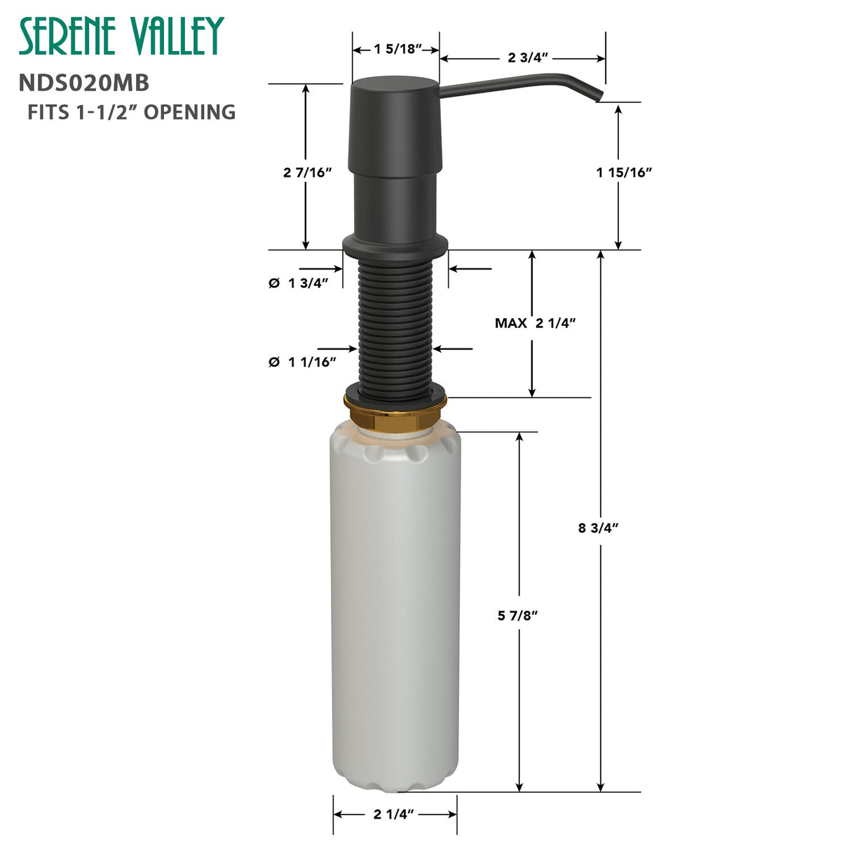 Kitchen Soap Dispenser NDS020MB, Solid Brass Construction with Refill - From - Top Capacity, Super Smooth and Durable Pump with Built - in Bottle - Serene Valley