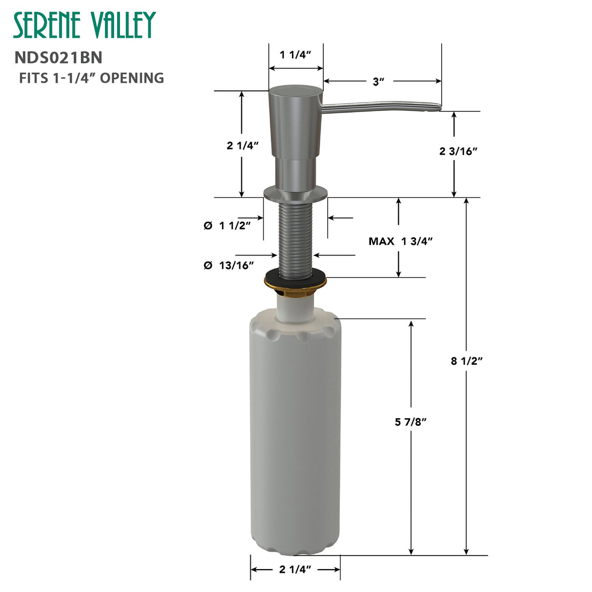 Kitchen Soap Dispenser NDS021BN, Solid Brass Construction with Refill - From - Top Capacity, Super Smooth and Durable Pump with Built - in Bottle - Serene Valley