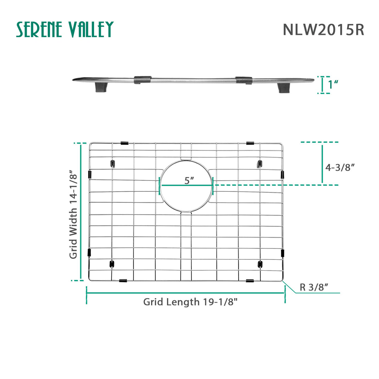 Serene Valley 19 - 1/4" X 14 - 1/8" Sink Grid, Rear Drain with Corner Radius R 3/8", NLW2015R - Serene Valley