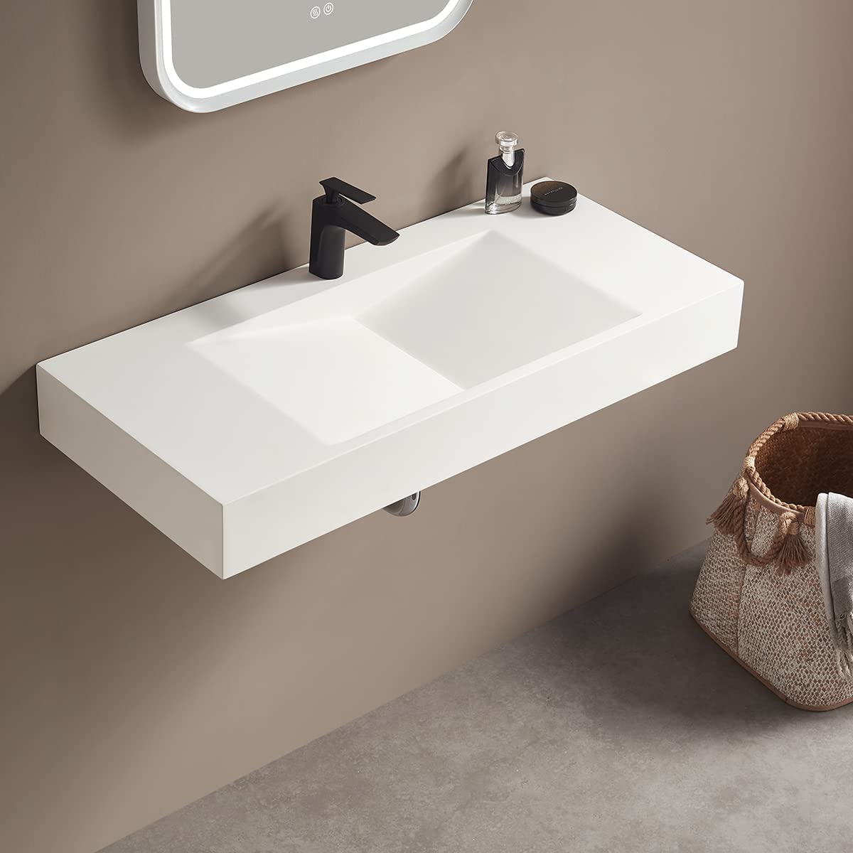 Serene Valley 36" Floating or Countertop Bathroom Sink, V - Shape Drain Design, Solid Surface Material in Matte White, SVWS606 - 36WH - Serene Valley