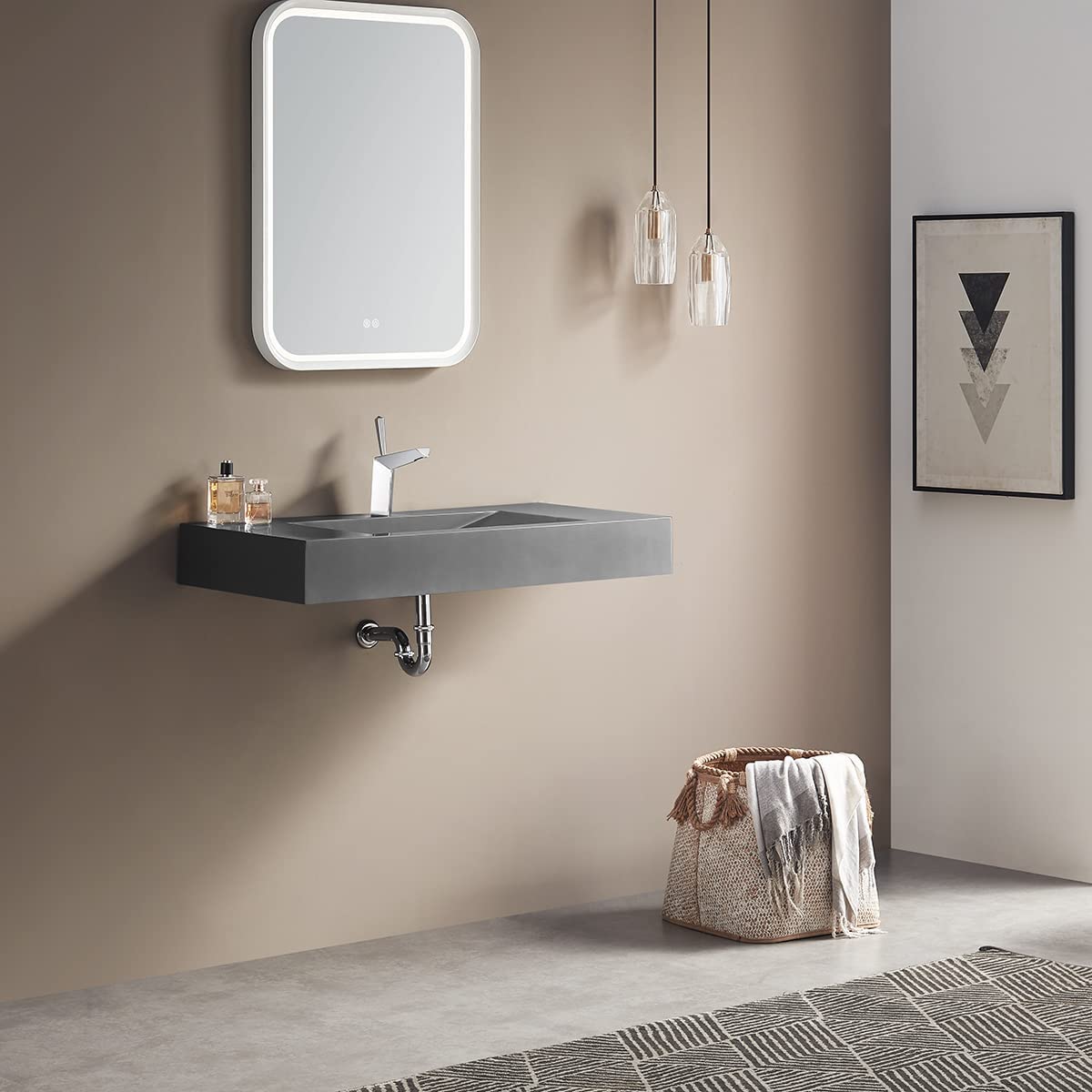 Serene Valley 40" Floating or Countertop Bathroom Sink, V - Shape Drain Design, Solid Surface Material in Matte Gray, SVWS606 - 40GR - Serene Valley