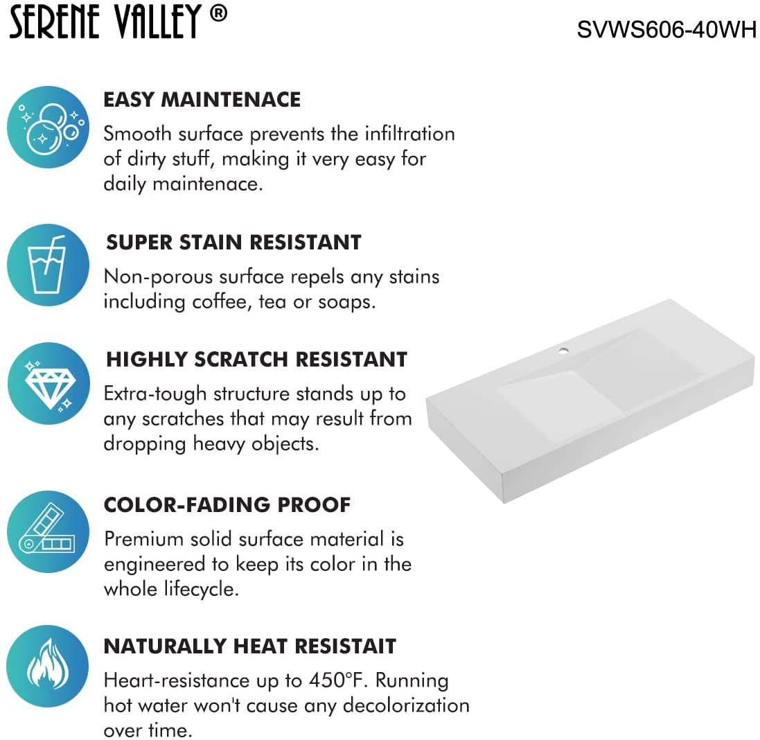 Serene Valley 40" Floating or Countertop Bathroom Sink, V - Shape Drain Design, Solid Surface Material in Matte White, SVWS606 - 40WH - Serene Valley