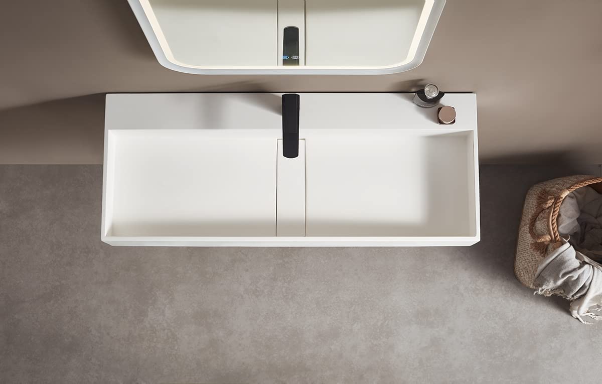 Serene Valley 47" Floating or Countertop Bathroom Sink, Double Faucet Holes with Hidden Drain, Solid Surface Material in Matte White, SVWS605 - 47WH - Serene Valley
