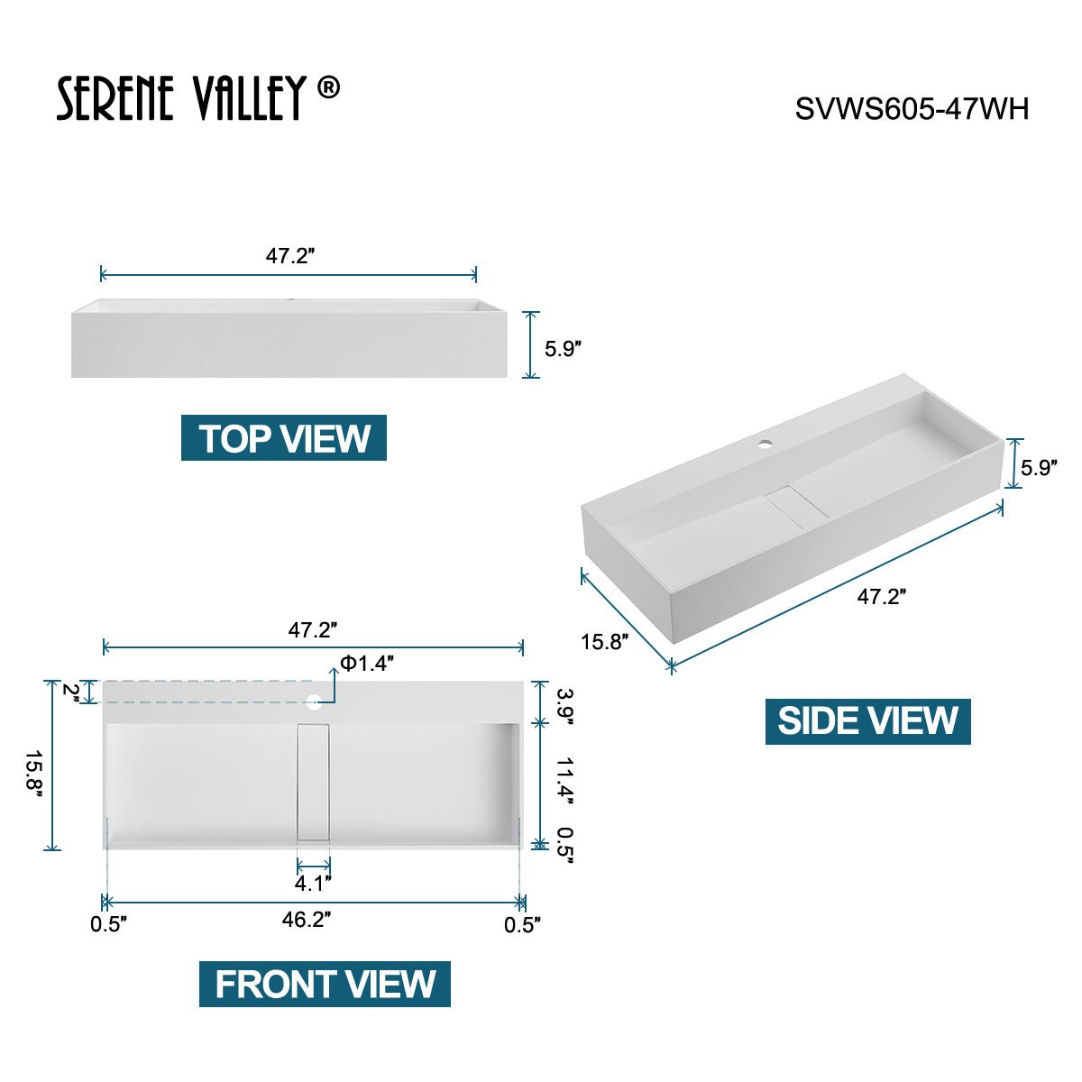 Serene Valley 47" Floating or Countertop Bathroom Sink, Double Faucet Holes with Hidden Drain, Solid Surface Material in Matte White, SVWS605 - 47WH - Serene Valley