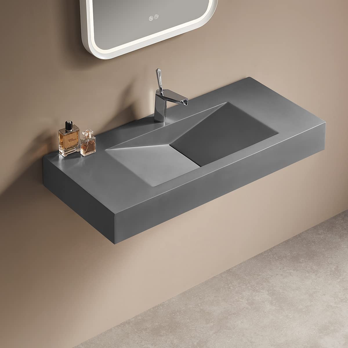 Serene Valley 47" Floating or Countertop Bathroom Sink, V - Shape Drain Design, Solid Surface Material in Matte Gray, SVWS606 - 47GR - Serene Valley
