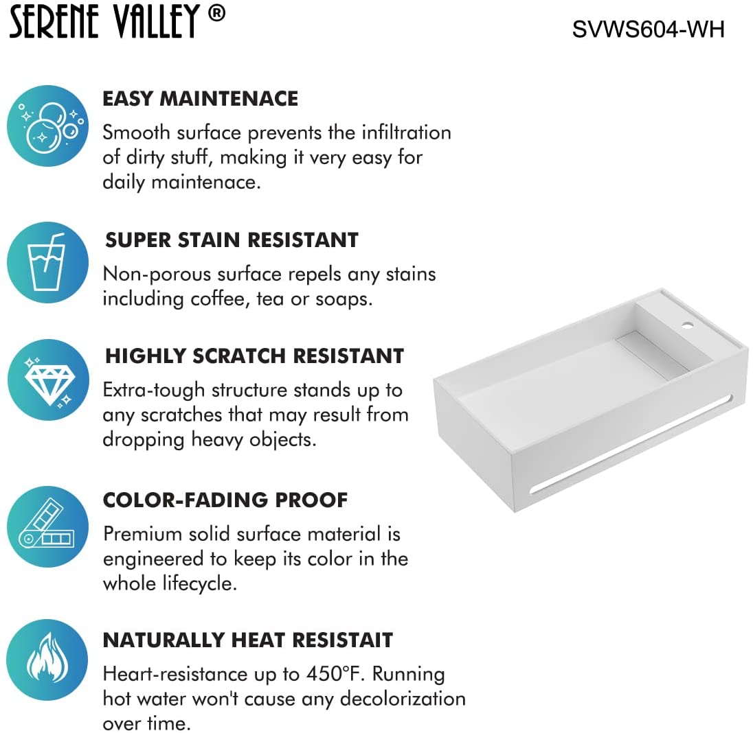 Serene Valley Bathroom Floating Sink, 32" Wall - Mount Sink with Built - in Towel Bar, Solid Surface Material in Matte White SVWS604 - 32WH - Serene Valley