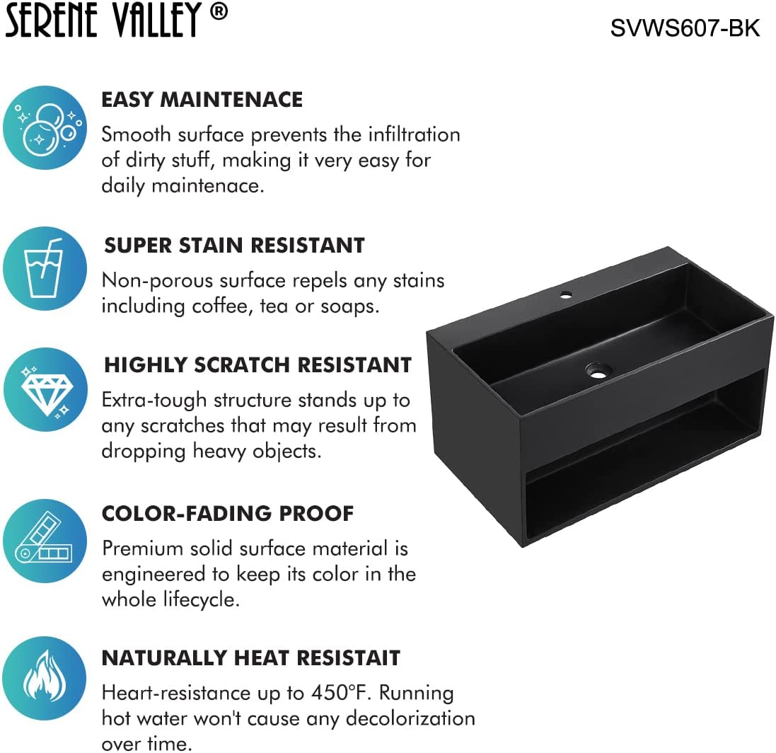 Serene Valley Bathroom Floating Vanity, 24" Wall - Mount Sink with Built - in Towel Space, Solid Surface Material in Matte Black, SVWS607 - 24BK - Serene Valley